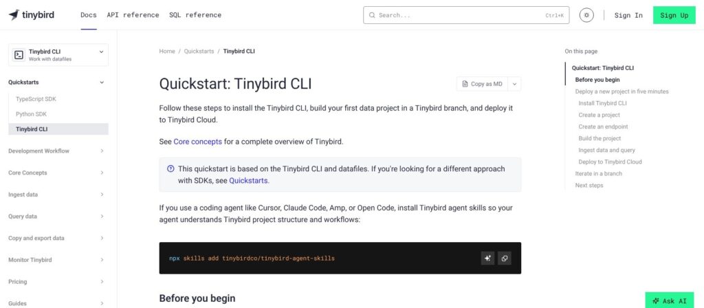 Tinybird Forward CLI quickstart, October 2026