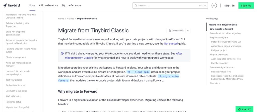 Tinybird Classic to Forward migration guide, October 2026