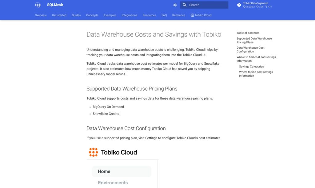 Tobiko Cloud warehouse cost reporting documentation