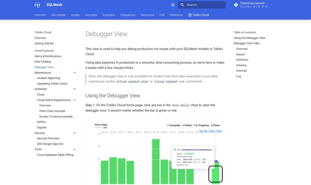 Tobiko Cloud debugger documentation and interface example