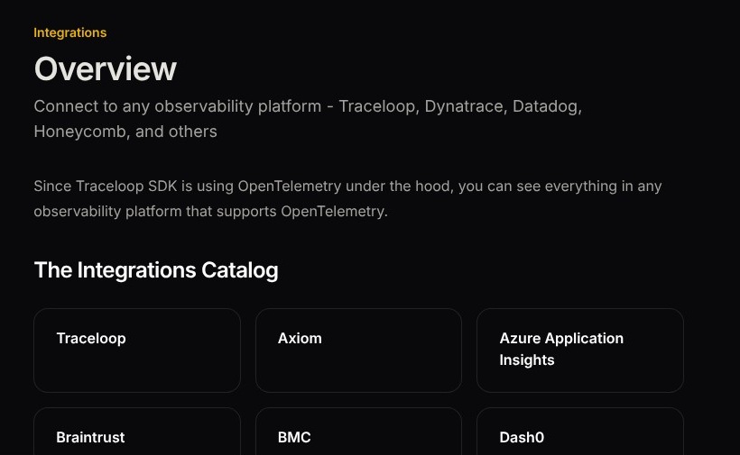 Traceloop integrations documentation, October 2026
