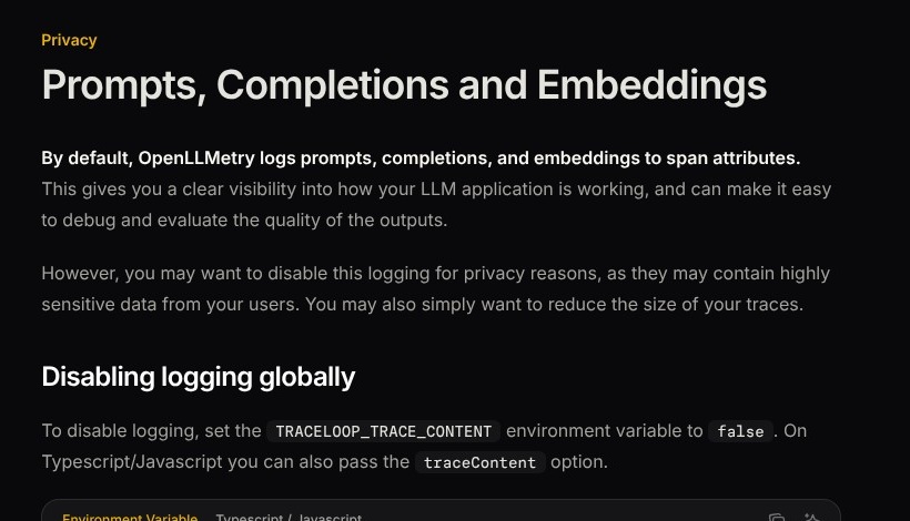 Traceloop trace privacy documentation, October 2026