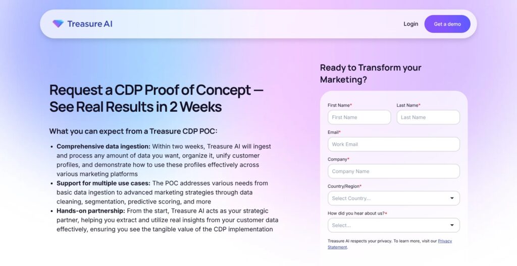 Treasure AI proof of concept request page, October 2026