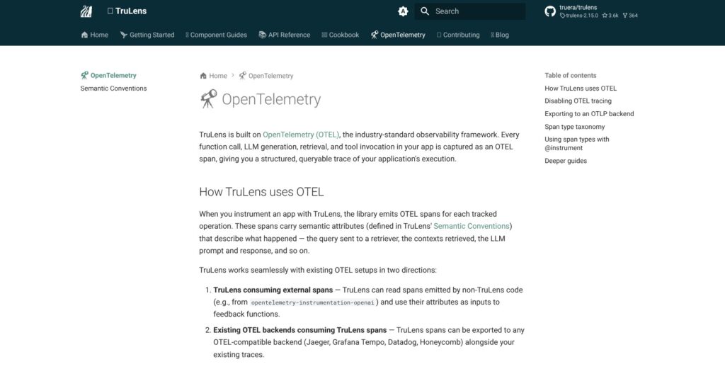 TruLens opentelemetry page, October 2026