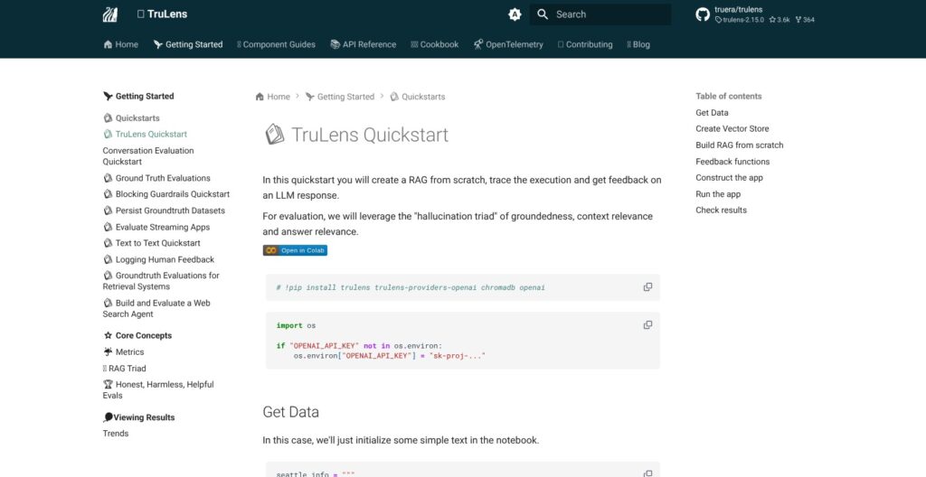 TruLens quickstart page, October 2026