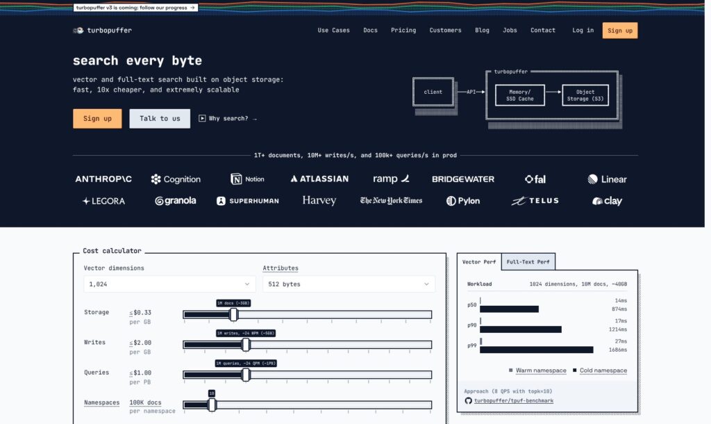 Turbopuffer homepage, October 2026