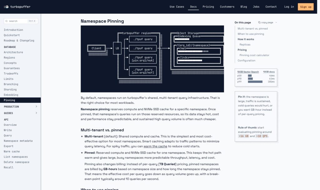 Turbopuffer namespace pinning documentation, October 2026