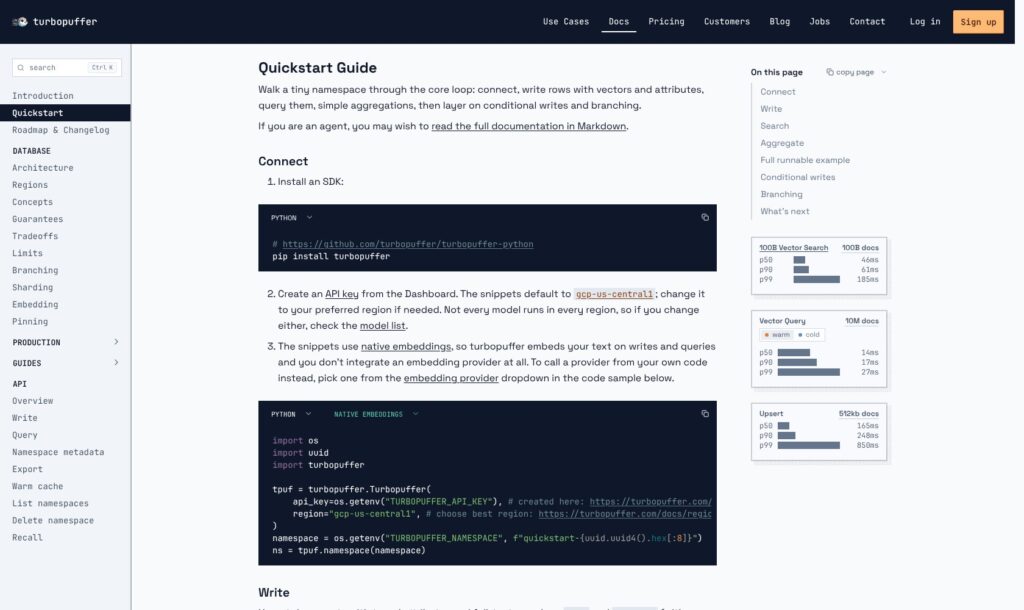 Turbopuffer quickstart documentation, October 2026
