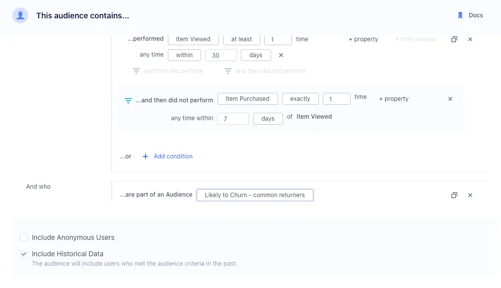 Segment audience builder combining viewed and purchased events with audience membership.