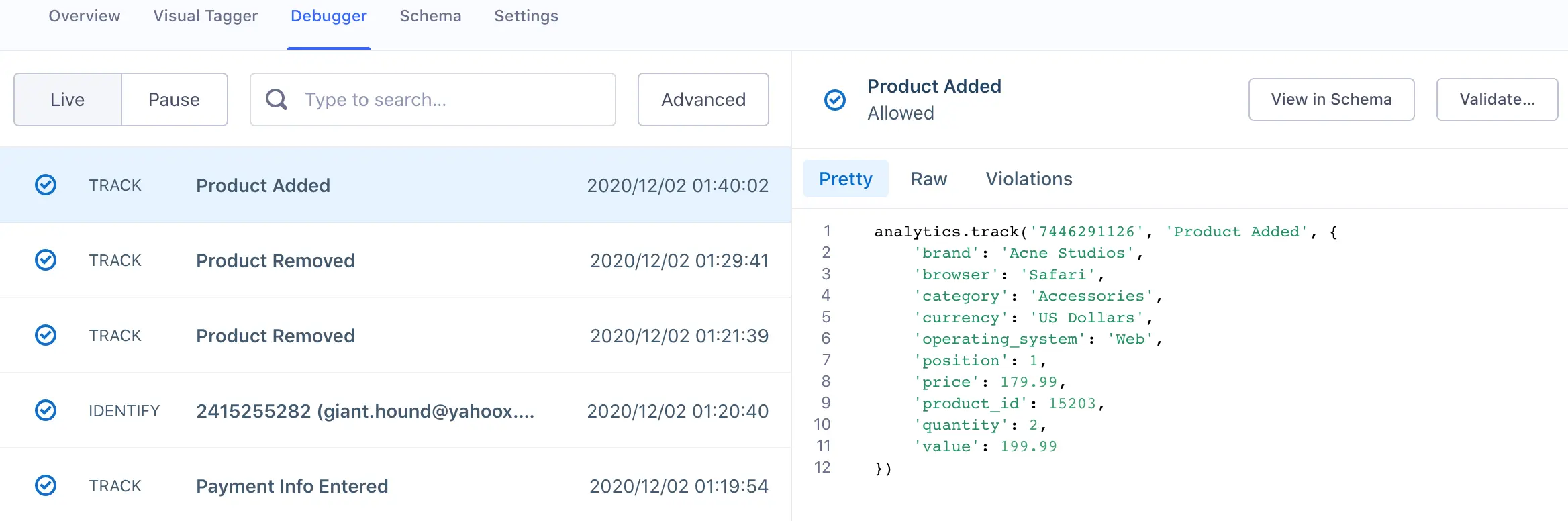 Segment Source Debugger displaying a Product Added event and its properties.