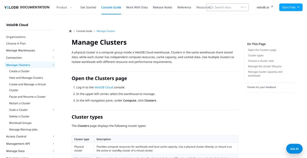 VeloDB cluster management guide, October 2026