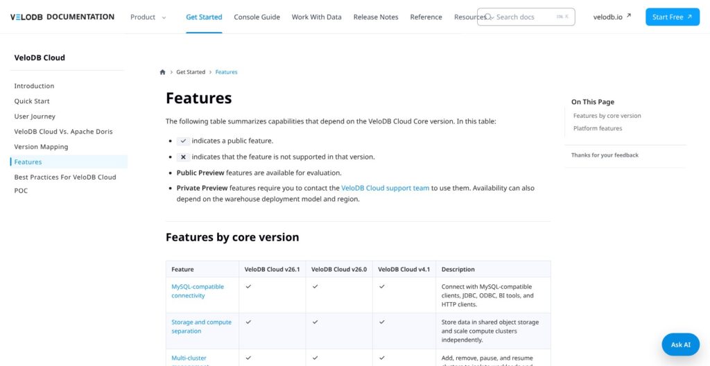 VeloDB cloud features guide, October 2026