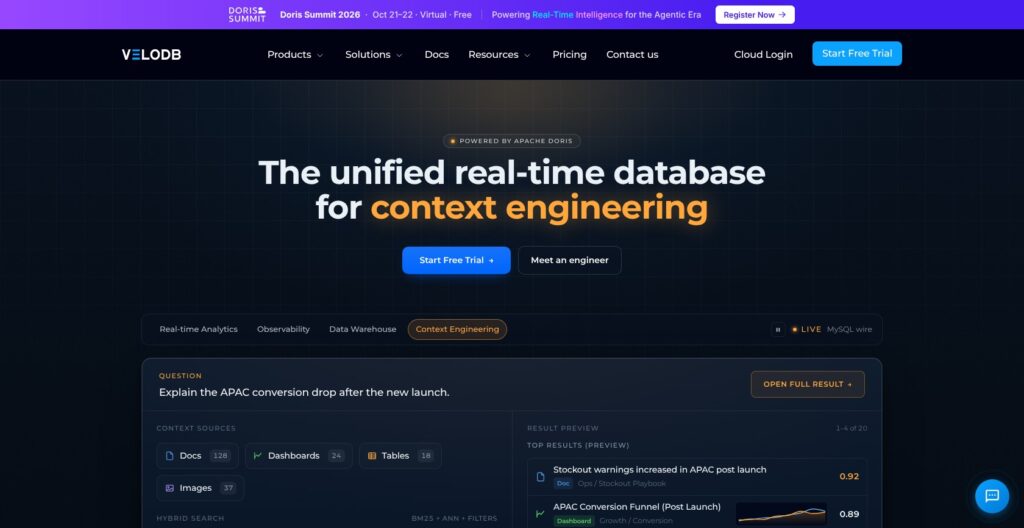 VeloDB homepage, October 2026