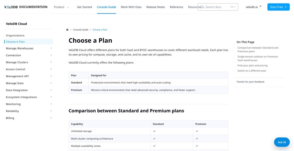 VeloDB cloud plans guide, October 2026