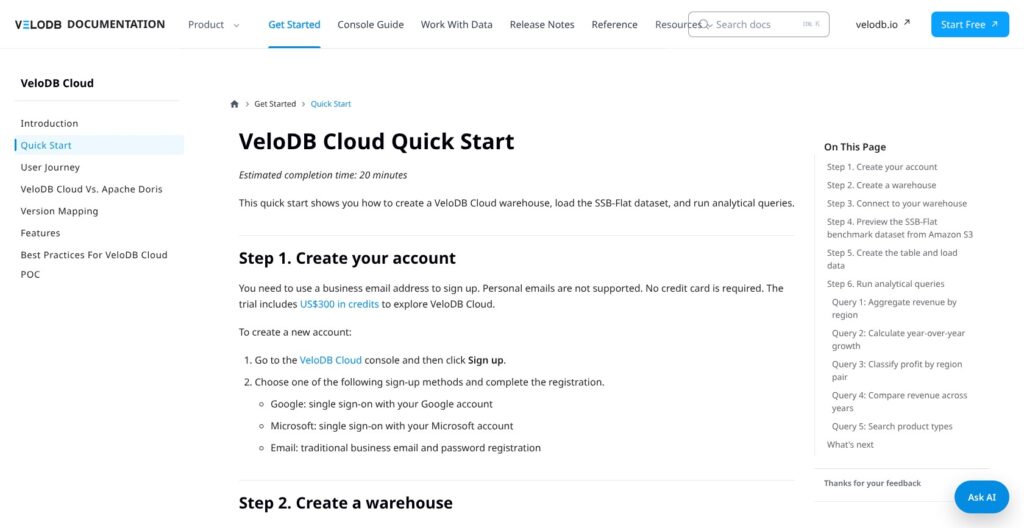VeloDB quick-start guide, October 2026