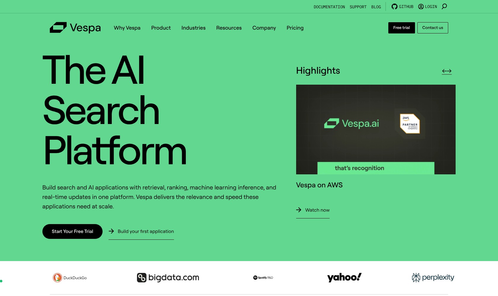 Vespa homepage introducing its AI search platform