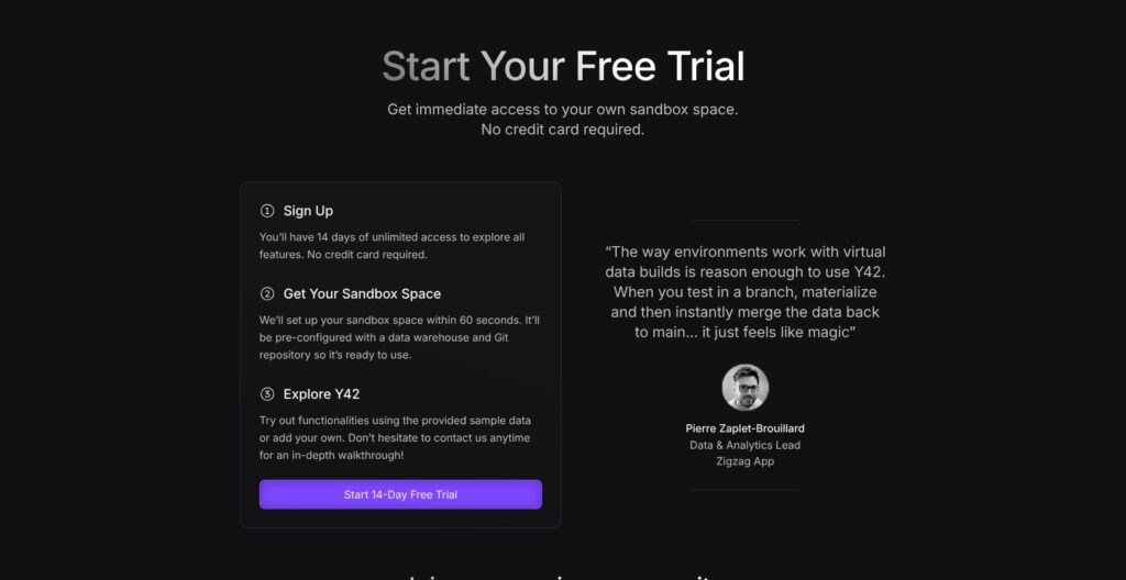 Y42 free trial page, October 2026
