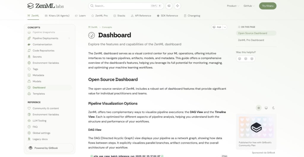 ZenML dashboard features documentation, October 2026