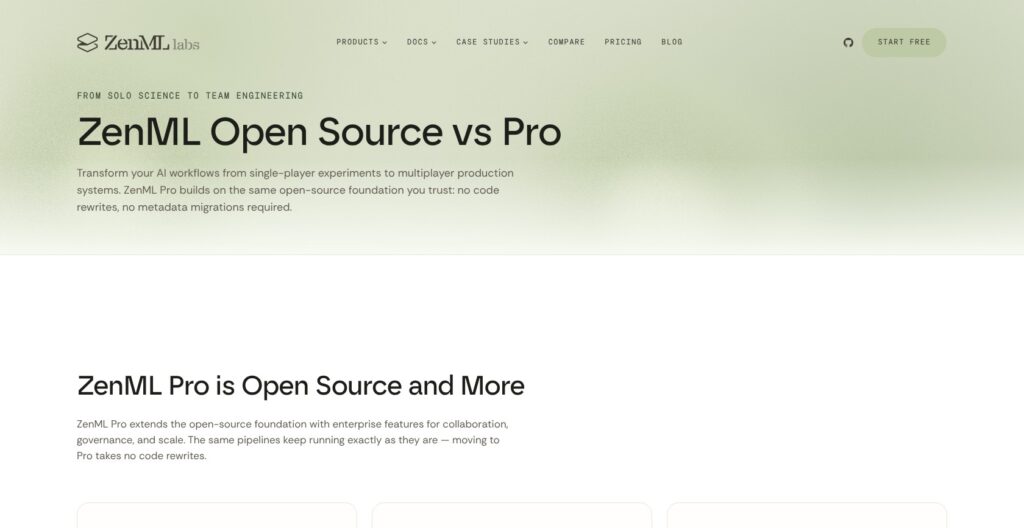 ZenML Open Source vs Pro page, October 2026
