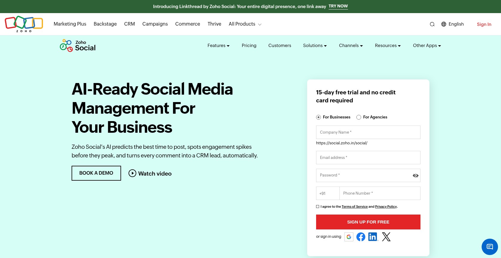Zoho Social homepage, October 2026